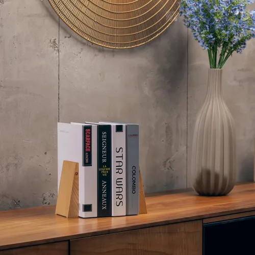 Vista 3 de TILISMA Sujetalibros de madera hechos a mano con base de metal, castaño - Soportes resistentes para libros para estanterías - Sujetalibros