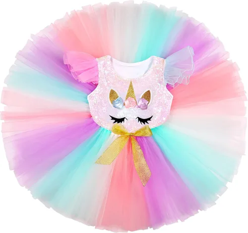 Vista 3 de Soyoekbt Girls Unicorn Costume LED Light Up Unicorn Princess Tutu Dress for Birthday Party Halloween with Headband Wing