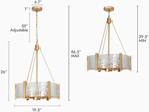Vista 5 de ZEVNI Candelabro de tambor dorado, lámpara de cristal dorado para isla de cocina, lámpara moderna de 6 luces para comedor, entrada, vestíbulo