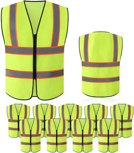 Vista 6 de Tekware Chaleco de seguridad con tiras altamente reflectantes, paquete de 10 protectores de construcción de color neón brillante con cremallera