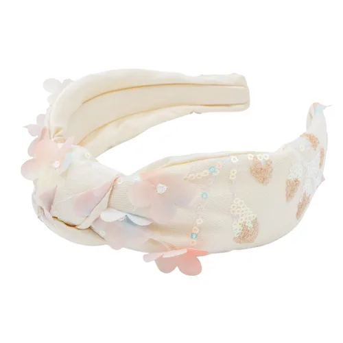 Vista 6 de Diadema anudada para mujer (beige con perlas), diadema ancha anudada, beige con ribete de encaje y perlas pequeñas