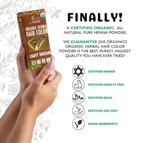 Vista 4 de Jiva - Tinte orgánico para el cabello castaño claro, 100 % herbario con canela y henna, colorante natural orgánico certificado para el cabello, 100