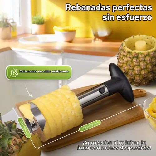 Vista 7 de Flexzion - Herramienta de cocina de acero inoxidable para pelar y sacar el corazón de ananá, para cortar y rebanar fácilmente fruta, con mango