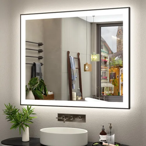 Vista 14 de SMIROR Espejo de baño LED con luces de 22" x 30", espejo de tocador rectangular redondeado iluminado para pared, iluminado frontal y retroiluminado