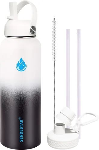Vista 26 de SENDESTAR Botella de agua aislada de 24 onzas, boca ancha, botella de agua de 24 onzas con tapa con popote, tapa de boquilla, acero inoxidable