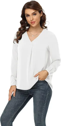 Vista 3 de Jouica Blusas para mujer, blusa casual de gasa, holgada, con cuello en V, manga larga