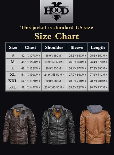 Vista 6 de HOOD CREW Chaqueta de motocicleta para hombre, con cuello alto, de piel sintética cálida, con cremallera y capucha extraíble, café, café.