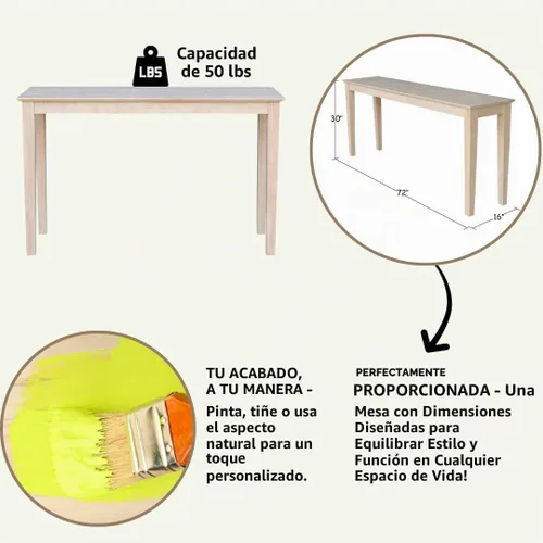 Vista 4 de International Concepts - Mesa consola Shaker, 48 pulgadas de largo, madera de parawood maciza, sin terminar