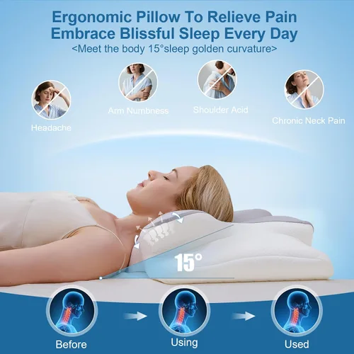 Vista 5 de Almohada cervical para aliviar el dolor de cuello, contorno ergonómico de espuma viscoelástica para el cuello, soporte para dormir de lado