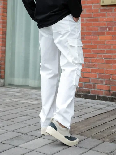 Vista 5 de OYOANGLE Pantalones cargo de pierna recta con cordón en la cintura para hombre con bolsillos con solapa