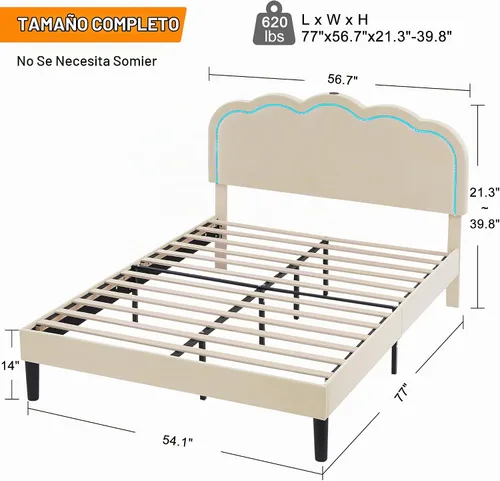 Vista 2 de VECELO - Base de cama tapizada tamaño matrimonial con cabecera ajustable, luces LED, USB-A y tipo-C, plataforma de cama de terciopelo sin ruido