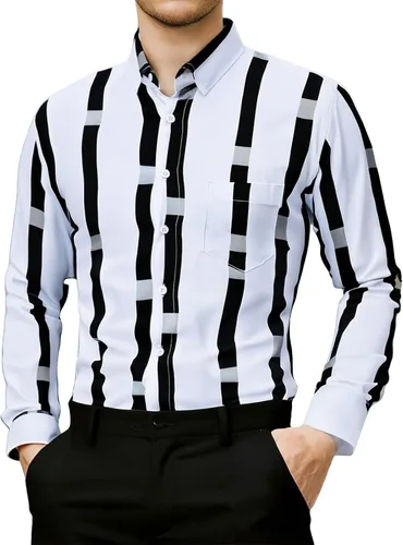 Vista 9 de Camisa a rayas para hombre, manga larga con estampado retro de discoteca de los años 70, ajuste regular, parte superior con bolsillo