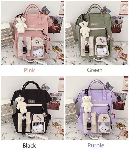 Vista 6 de Mochila Kawaii de gran capacidad con pin Kawaii y accesorios, bonita mochila estética para adolescentes y niñas, mochilas para la escuela, Púrpura