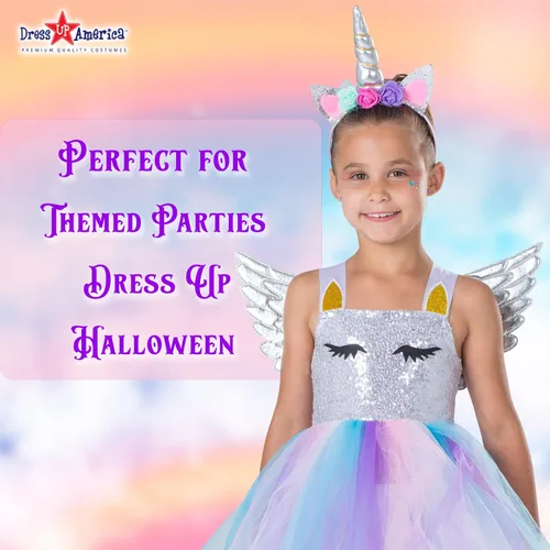Vista 5 de Dress Up America Vestido de unicornio para niñas, vestido de fiesta de disfraz de unicornio, vestido de tutú mágico y diadema