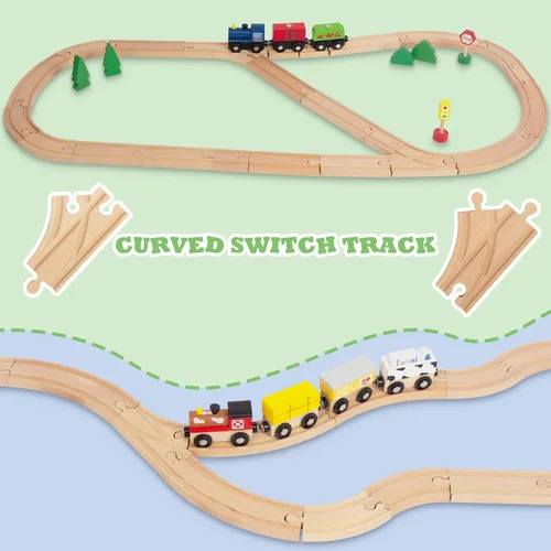 Vista 4 de Juego de 24 pistas de tren de madera, expansión de vías y 9 piezas distintas, 100% compatible con todas las principales marcas, incluido el sistema