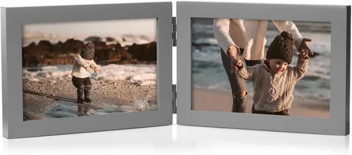 Vista 18 de Marco de fotos doble de 4 x 6 pulgadas con bisagras horizontales, marco de fotos plegable en madera de pino negro con vidrio real para mesa