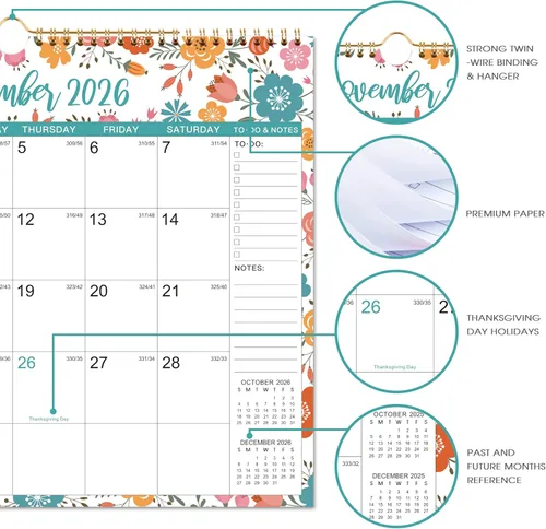 Vista 4 de Calendario de pared 2026 – enero 2026 – diciembre 2026, calendario mensual colgante de 12 meses, 14.8 x 11.57 pulgadas, encuadernación de doble