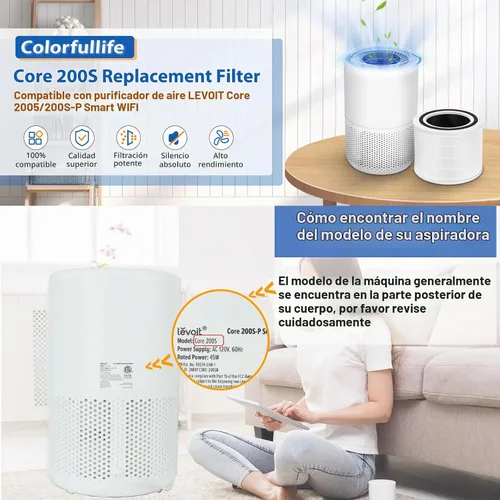 Vista 3 de Filtro de repuesto Core 200S compatible con LEVOIT Core 200S Core 200S-P purificador de aire inteligente WiFi, apto para filtro de repuesto Levoit