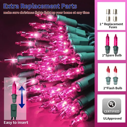 Vista 2 de Ultra-brillantes luces de Navidad rosa mini de 100L 19.6 pies, cadena de luces incandescentes UL listadas, se conectan de extremo a extremo, juego