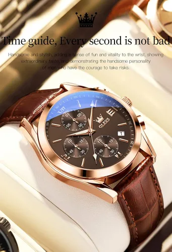 Vista 2 de OLEVS Reloj cronógrafo de cuarzo para hombre correa de cuero dorada con fecha de día reloj de pulsera de acero inoxidable impermeable relojes