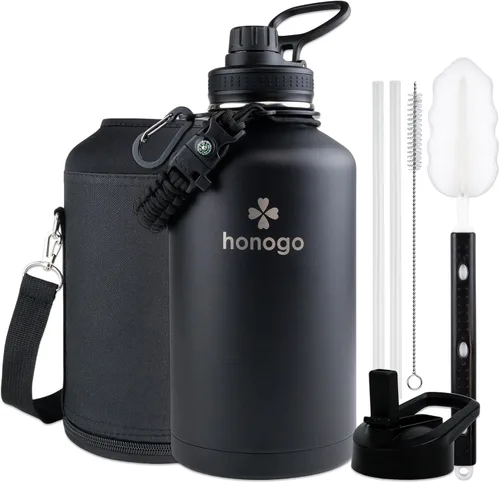 Vista 14 de Botella de agua aislada de 64 onzas con tapa de popote y tapa de boquilla, jarra de agua de medio galón de acero inoxidable con mango de paracord