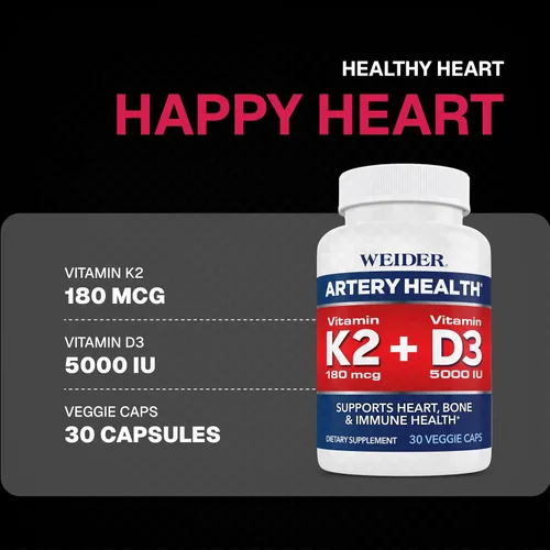 Vista 3 de Weider Artery Health - Flexibilidad arterial y salud cardíaca - con vitamina K2, D3 y jengibre - Apoyo óseo e inmunológico* - Sin gluten y vegano