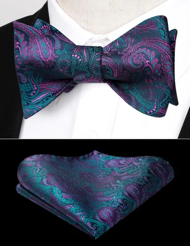 Vista 69 de HISDERN Pajaritas para hombre, corbatín de cachemira para hombre, corbata de lazo y bolsillo cuadrado, juego formal de esmoquin para boda