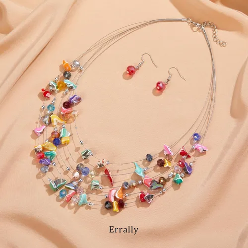 Vista 2 de Errally Collar bohemio en capas para mujer, collar de cuentas de concha de varias hebras con cuentas de cristal, conjunto de joyas coloridas
