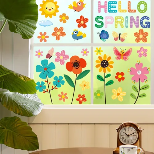 Vista 4 de Pegatinas de primavera para ventanas, flores, plantas, decoración de ventanas, calcomanías estáticas de mariposa para decoración de ventanas
