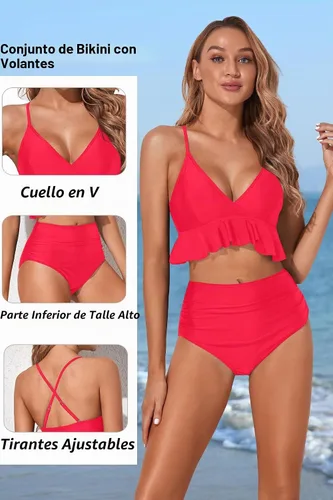 Vista 5 de Tempt Me - Traje de baño de dos piezas para mujer, bikini de cintura alta con volantes y control de abdomen Rojo neón