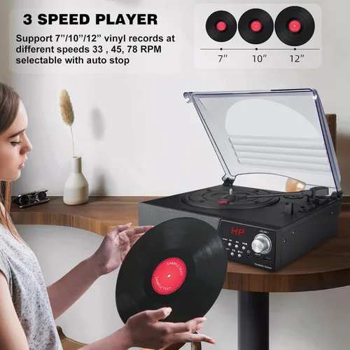 Vista 2 de LUXSWAY Tocadiscos, tocadiscos con altavoces estéreo para discos de vinilo, Bluetooth vintage de 3 velocidades, control remoto, radio