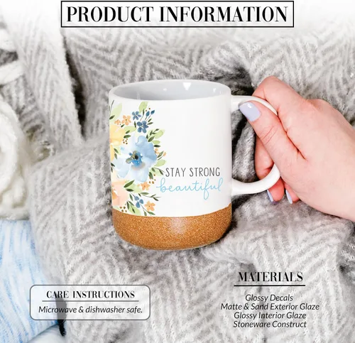 Vista 2 de Pavilion Gift Company Stay Strong Beautiful - Taza de cerámica de 16 onzas con fondo glaseado de arena, floral, taza de café de mango grande, regalo