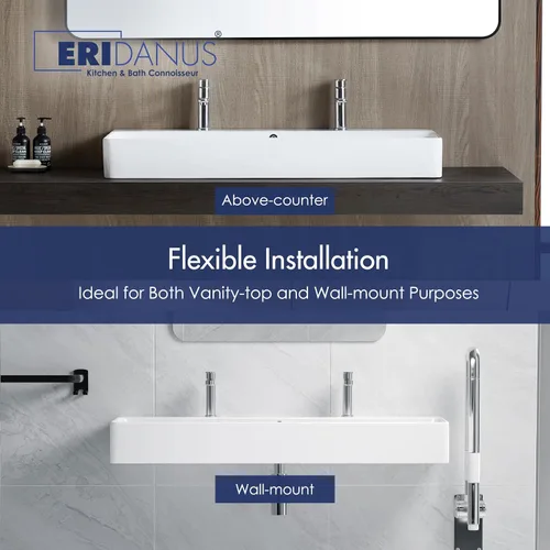 Vista 5 de Eridanus Lavabo de Baño Rectangular 43" x 16", Lavabo Vasija de Cerámica Vítrea de Dos Orificios, Montaje en Encimera y Pared, Lavabo Flotante