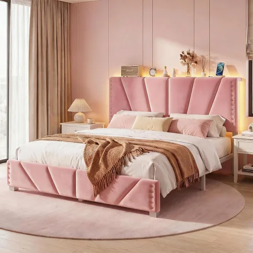Vista 22 de EnHomee Base de cama individual con luces LED y USB, sin ruido, color beige