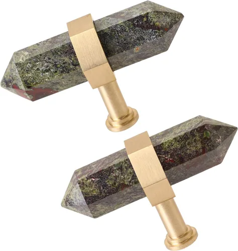 Vista 12 de TUMBEELLUWA Paquete de 2 pomos de cristal de obsidiana negra con tornillos, tiradores hexagonales de latón cepillado para cocina y decoración