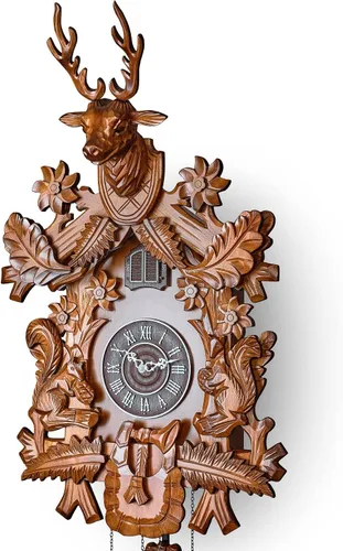 Vista 5 de Reloj de cuco con modo nocturno automático, cabeza de ciervo tallada a mano y decoraciones de madera (marrón)