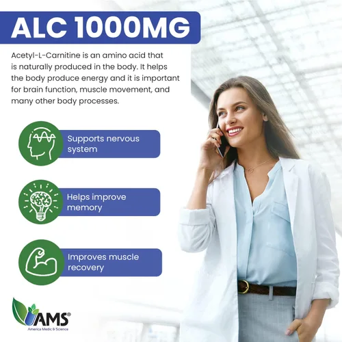 Vista 4 de America Medic & Science Acetil L-carnitina 1000 mg (60 tabletas) Suplemento dietético para hombres y mujeres Promueve la producción de energía