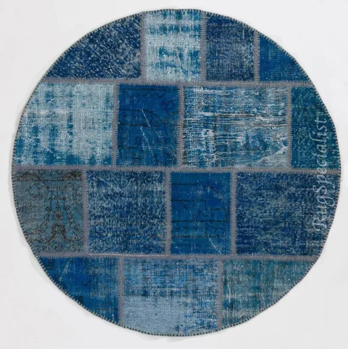 Vista 5 de Round Handmade Vintage Turkish Patchwork Rug, Circular Modern Re-Dyed Patchwork Carpet. D391