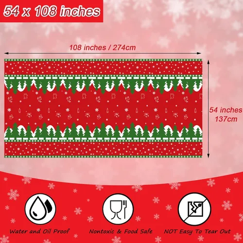 Vista 7 de Mantel de Navidad desechable, mantel de plástico para Navidad, color rojo, verde, blanco, mantel de árbol de renos y copos de nieve para decoración