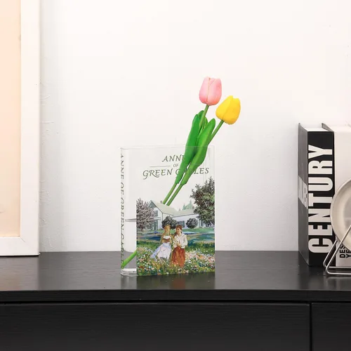 Vista 6 de Florero acrílico con forma de libro para flores, florero de libro, pequeños jarrones transparentes para el hogar, sala de estar, estantería