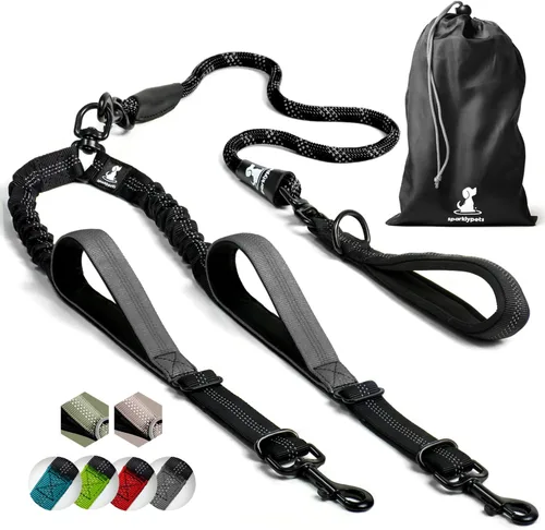 Vista 22 de Correa doble premium para dos perros, absorción de golpes, antitirón, doble correa para razas medianas y grandes con accesorio de correa doble