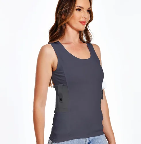 Vista 3 de Camiseta sin mangas con funda de transporte oculto, camisa táctica de compresión para uso diario, se adapta a equipos pequeños y compactos