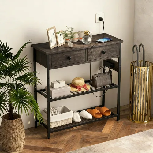 Vista 2 de GOFLAME Mesa consola con toma de corriente, mesa de entrada estrecha con cajones, 2 salidas de CA y 2 puertos USB, mesa de sofá para sala de estar