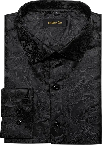 Vista 7 de DiBanGu Camisa de vestir de paisley de seda para hombre, formal, de manga larga, con cuello abotonado, camisas informales para fiesta de boda Negro