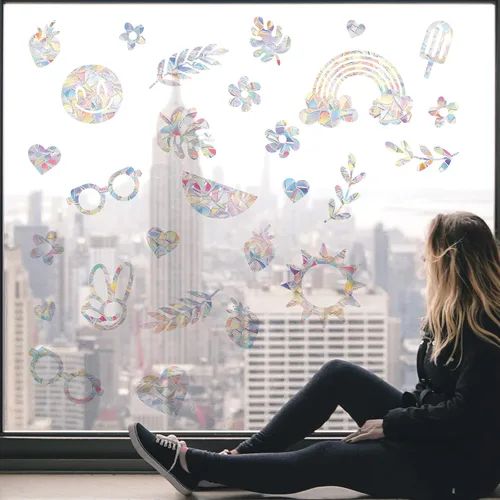 Vista 6 de PLIGREAT 56 calcomanías de ventana de hojas de arco iris, calcomanías estáticas de verano para ventana, a prueba de golpes, calcomanías de alerta