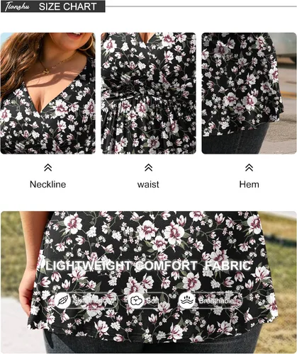Vista 5 de TIANZHU - Blusa elegante de manga corta para mujer, túnica con cuello en V, estilo envolvente, blusa bonita de talla grande