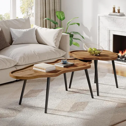 Vista 6 de Juego de 2 mesas de centro anidables, mesas de centro de madera maciza con mesa de nube, mesas decorativas apilables con pies antideslizantes