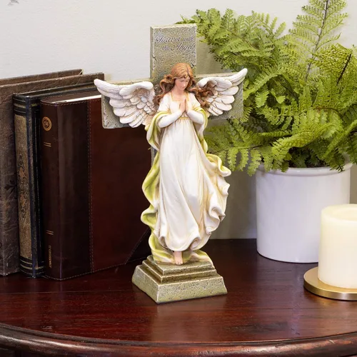 Vista 2 de Joseph's Studio by Roman Inc., Ángel conmemorativo con cruz, colección de jardín, estatua religiosa, santa familia, monumento, ángel, santo