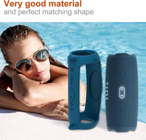 Vista 3 de LTGEM - Funda de silicona para altavoz JBL Charge 5, protector de viaje de gel suave, bolsa de goma impermeable con correa para el hombro (azul)