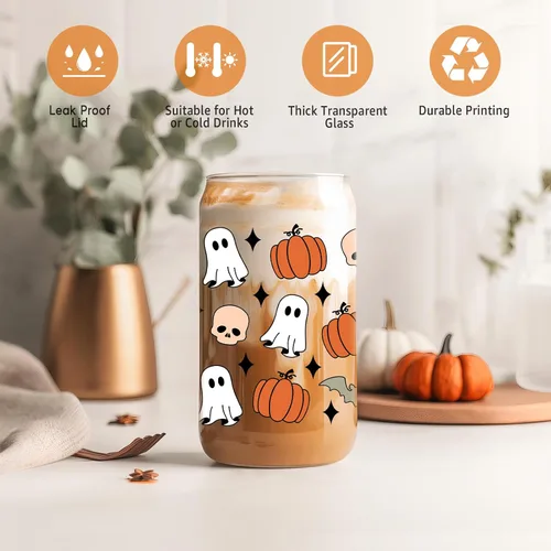 Vista 3 de Coolife Taza de otoño de calabaza y fantasma de Halloween – Taza de otoño de calabazas de 16 onzas, vaso de vidrio para café helado, tazas de vidrio